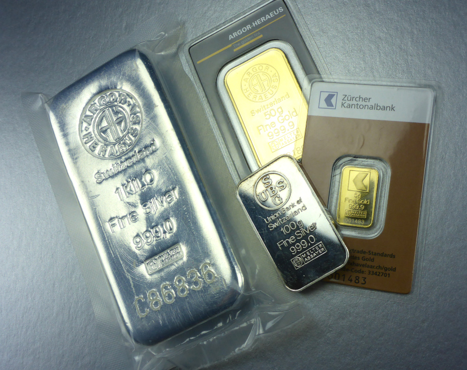 Banking precious metals, bars of silver and gold of Swiss manufacture. © PreMeSec Ltd liab Co