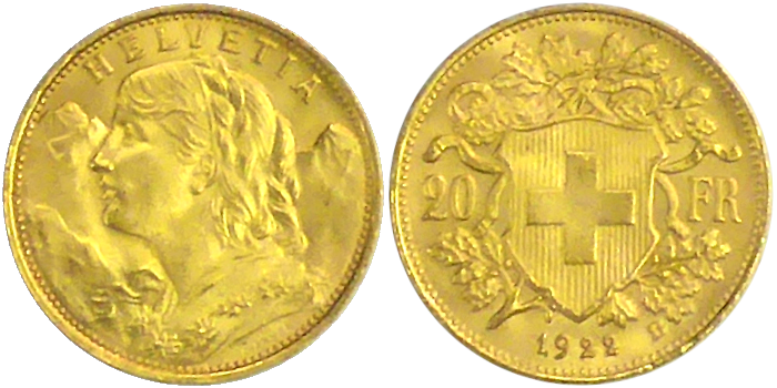 Picture of front and back of a 20 swiss franc Goldvreneli coin