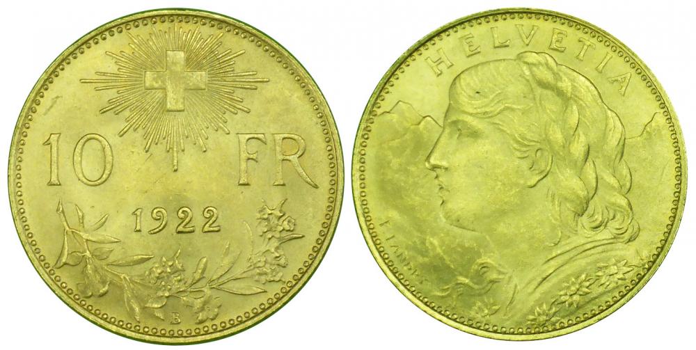 The 20 franc gold Vreneli, minted from 1911 to 1922.