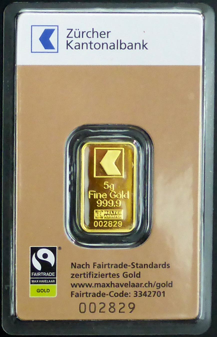 Bild eines 5 Gramm Fair Trade Goldbarren eingeschweisst im Blister