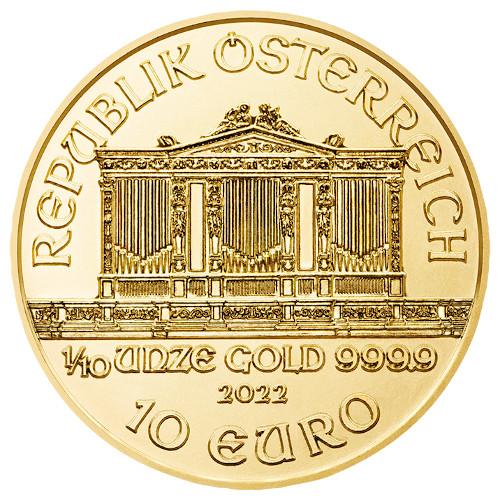 Reverse of an 1/10 ounce gold Vienna Philharmonic with the fineness and value stamped on it © Austrian Mint