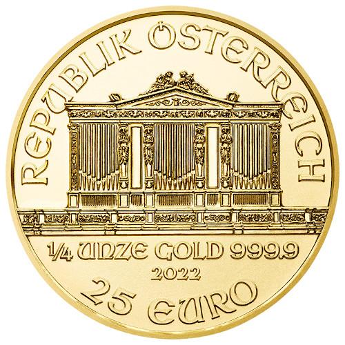 Rückseite eines 1/4 Unze Gold Wiener Philharmonikers mit aufgeprägter Feinheit und Wert © Münze Österreich