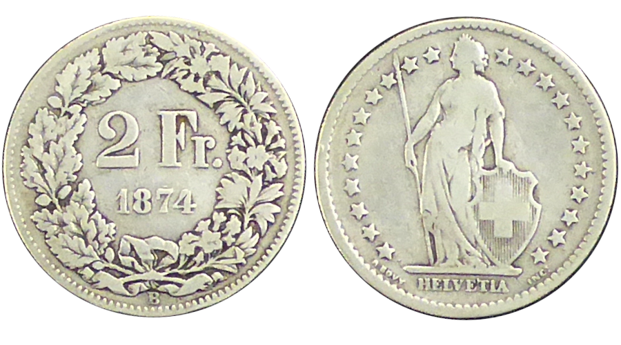 Il fronte e il retro della moneta d'argento da 2 franchi coniata tra il 1874 e il 1967 © PeMeSec GmbH