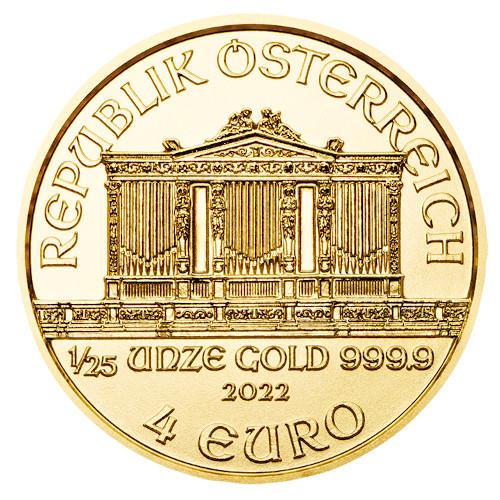 Rückseite eines 1/25 Unze Gold Wiener Philharmonikers mit aufgeprägter Feinheit und Wert © Münze Österreich