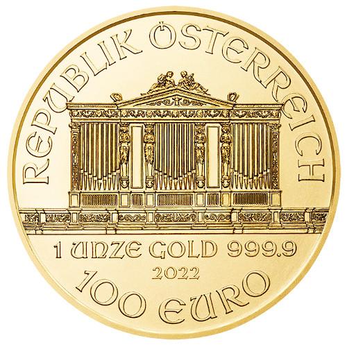 Front side of an 1 ounce gold Vienna Philharmonic with the different instruments © Austrian Mint.