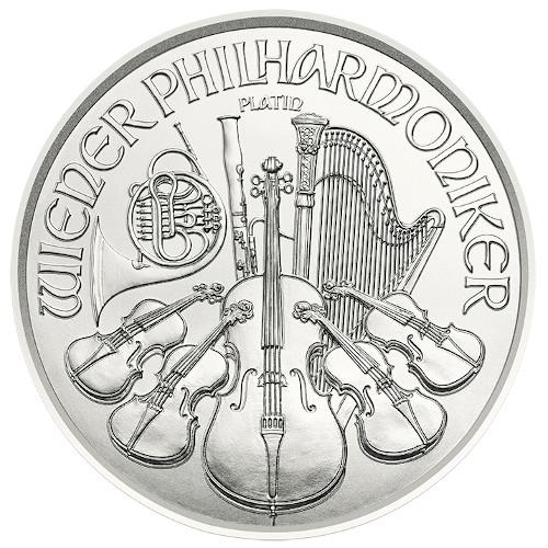 Vorderseite eines 1 Unze Platin Wiener Philharmonikers mit den verschiedenen Instrumenten © Münze Österreich