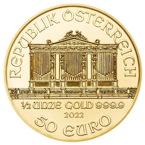 Reverse of an 1/2 ounce gold Vienna Philharmonic with the fineness and value stamped on it © Austrian Mint