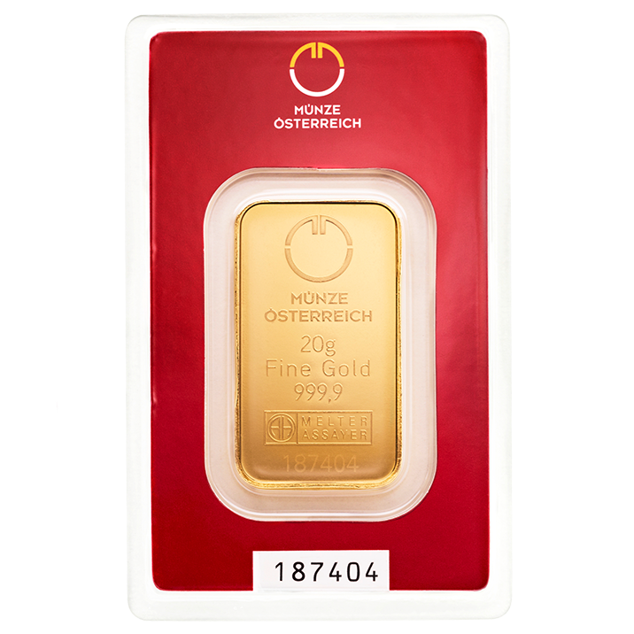 Bild eines 20 Gramm Goldbarren eingeschweisst im Blister. Urheberrecht: © Münze Österreich