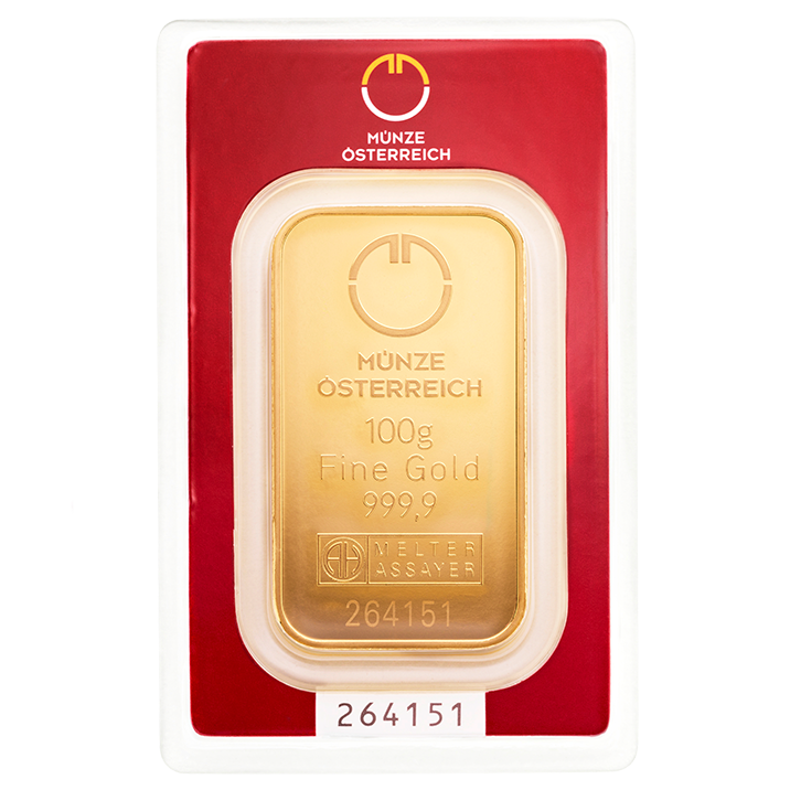 100 Gramm Goldbarren, Urheberrecht: Münze Österreich 