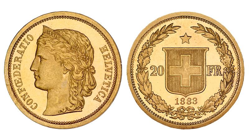 20 Swiss franc Helvetia gold coin, obverse and reverse