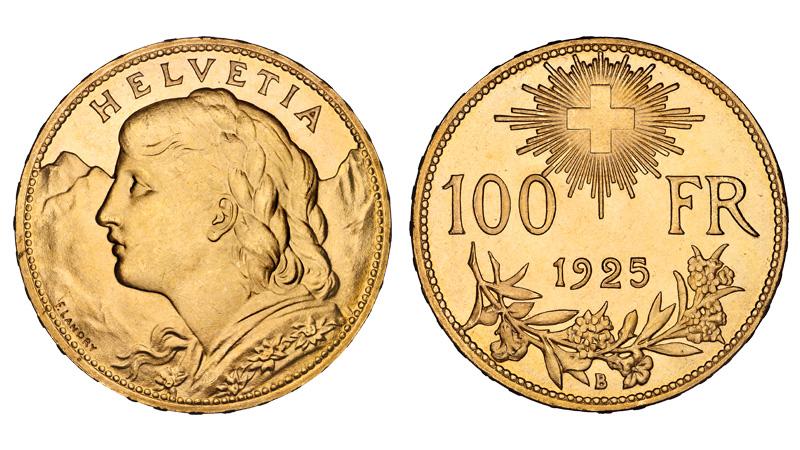 100 Swiss franc gold coin Goldvreneli, obverse and reverse © Swissmint