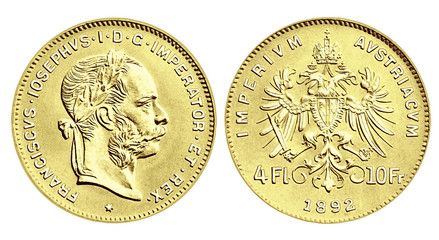 Österreichische Vier Gulden Münze Vorder- und Rückseite. © Münze Österreich