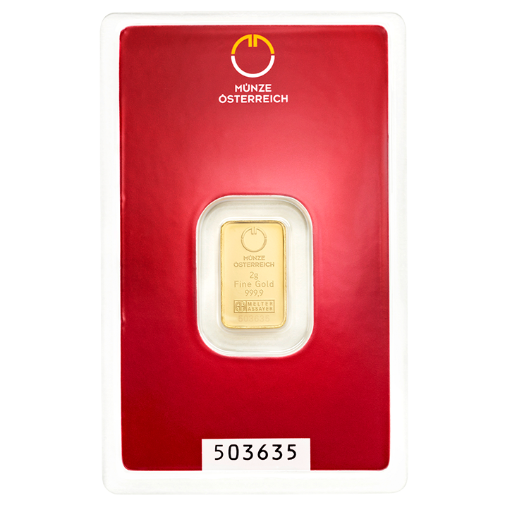Bild eines 2 Gramm Goldbarren eingeschweisst im Blister