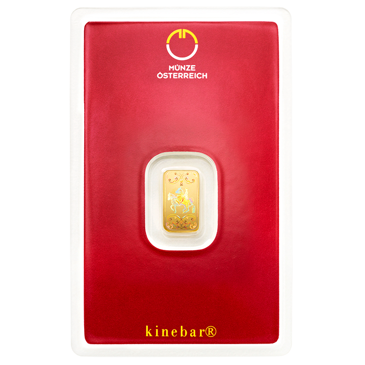 Immagine di un lingotto d'oro da 1 gramme con ologramma sigillato in un blister © Münze Österreich