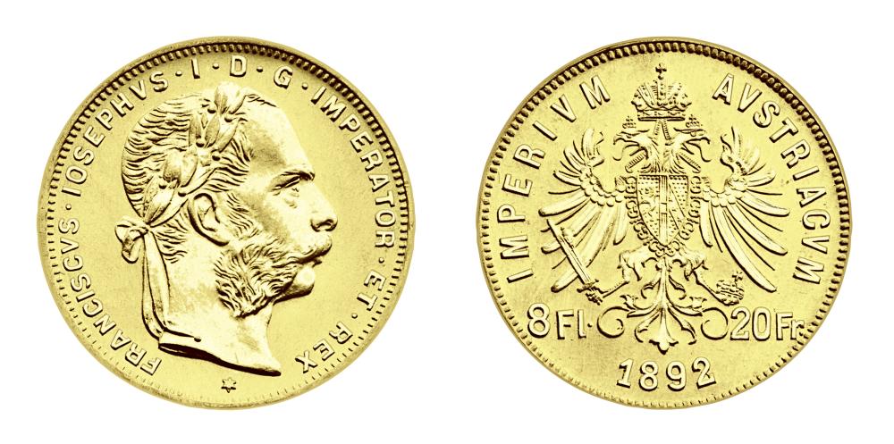 Österreichische acht Gulden Münze Vorder- und Rückseite. © Münze Österreich