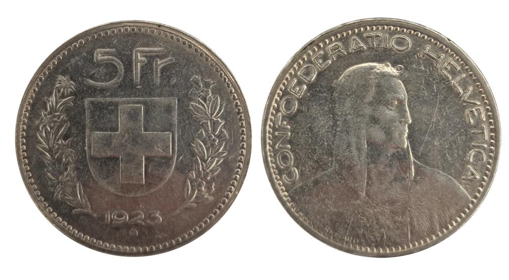 Front and back of the 5 franc silver coin which was minted between 1850 and 1928 © PeMeSec GmbH